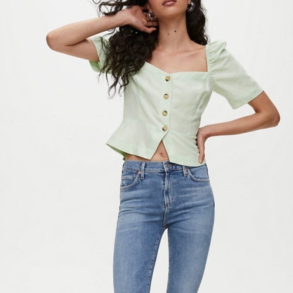 ARITZIA Wilfred Janine Top Button-Front Linen-Blend Blouse Green Size XXS